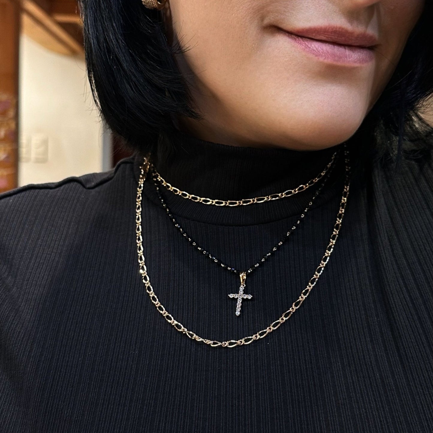 Midnight Grace - Cross Necklace Adjustable Necklace Black and Gold Necklace Black Bead Necklace