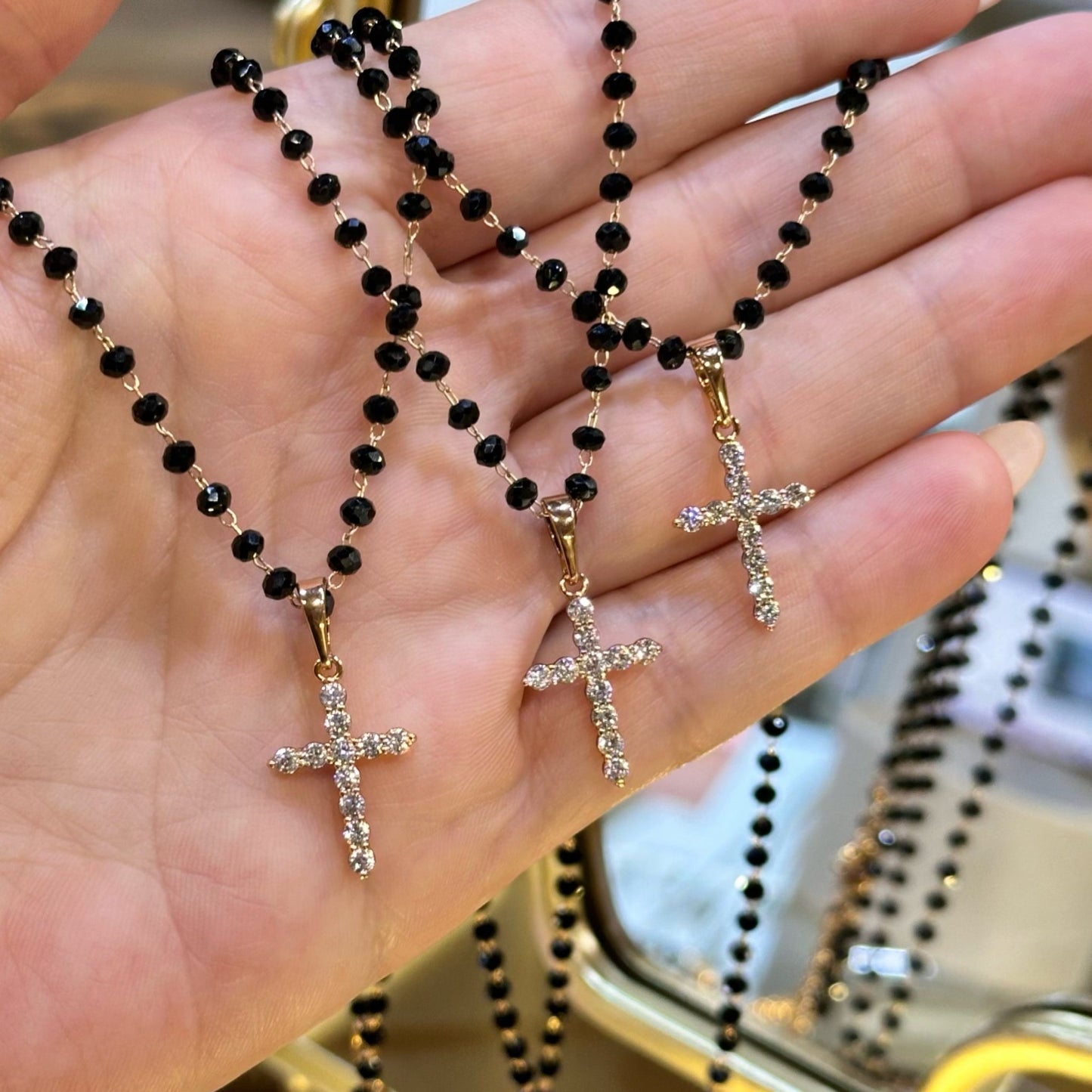Midnight Grace - Cross Necklace Adjustable Necklace Black and Gold Necklace Black Bead Necklace