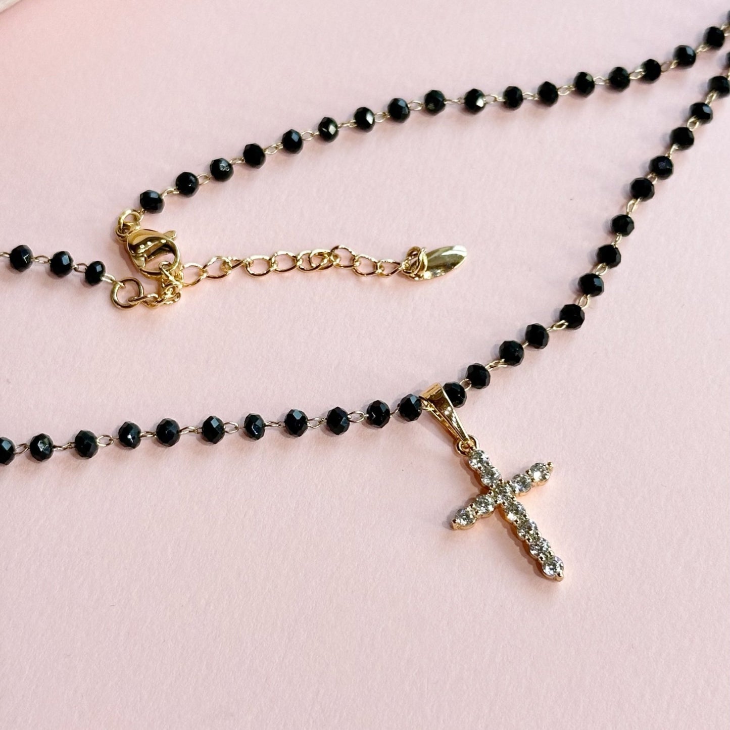 Midnight Grace - Cross Necklace Adjustable Necklace Black and Gold Necklace Black Bead Necklace
