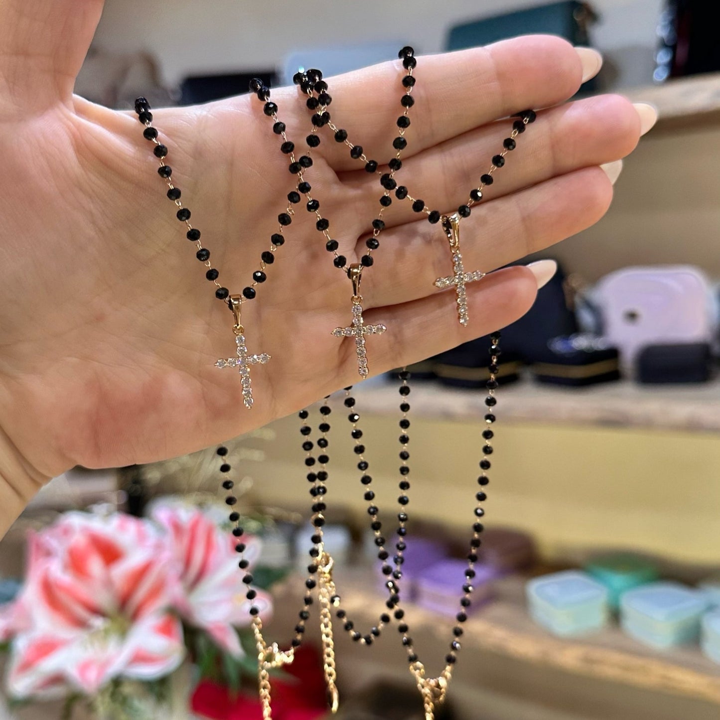 Midnight Grace - Cross Necklace Adjustable Necklace Black and Gold Necklace Black Bead Necklace