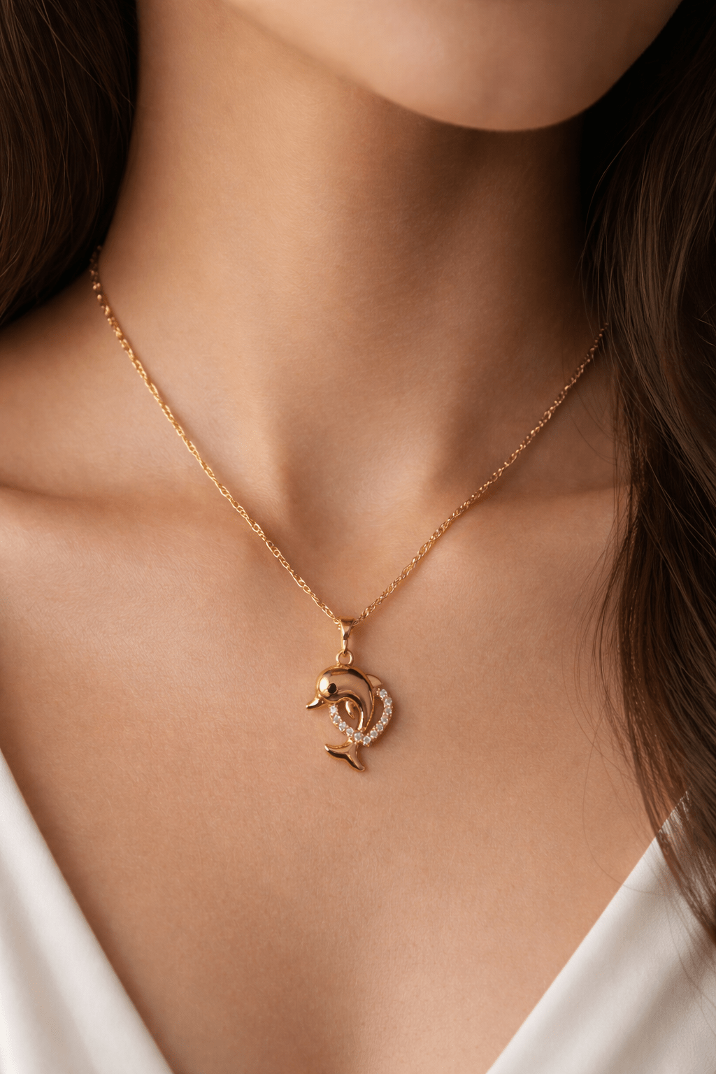 Apzeltīta kaklarota ar delfīna kulonu un cirkonijiem - 18k - apzeltita - rotas