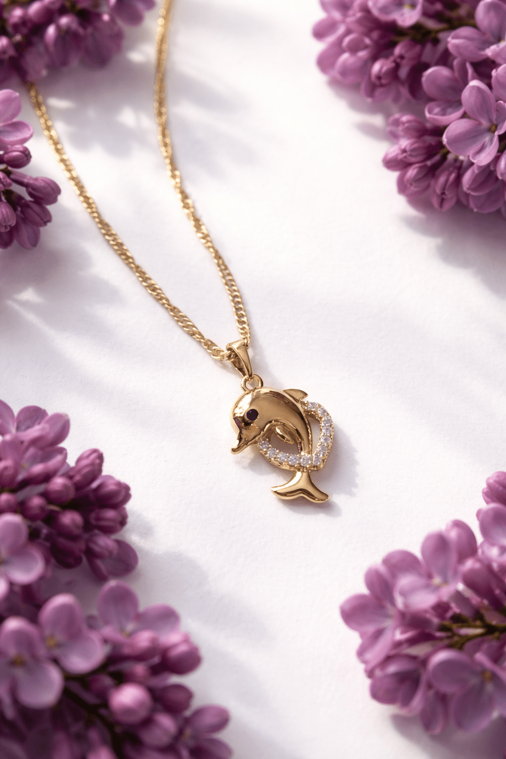 Apzeltīta kaklarota ar delfīna kulonu un cirkonijiem - 18k - apzeltita - rotas