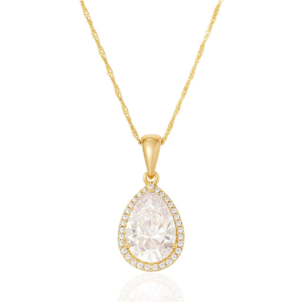 Apzeltīta kaklarota ar lāses formas kristālu (dzidra un rozā) – apzeltītas rotaslietas | Tavas Rotas