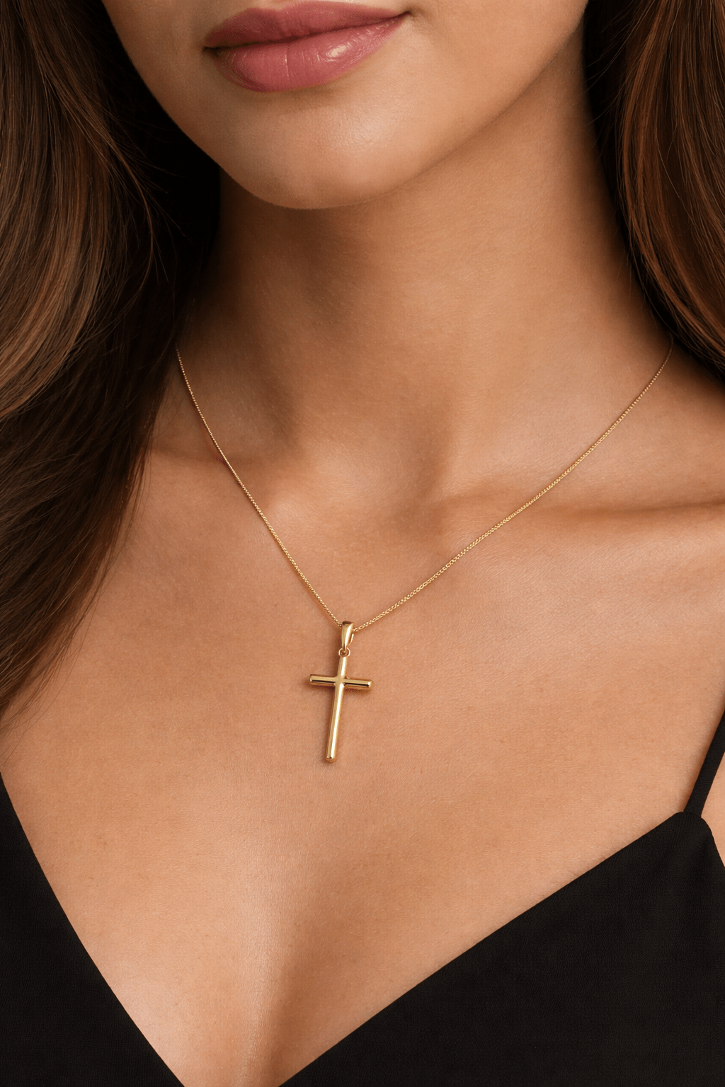 Apzeltīta krusta kaklarota ar smalku ķēdīti (55cm) - 18k - apzeltita - rotas