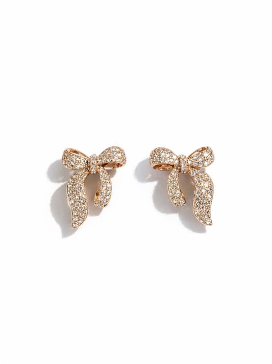 Apzeltītas nagliņas ar bantīti - pilnībā klātas ar cirkonijiem - 18k - apzeltita - rotas