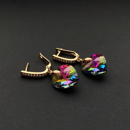 Apzeltīti auskari ar varavīksnes kristāla sirsniņām - 18k - apzeltita - rotas