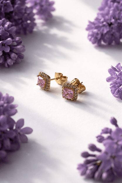 Apzeltīti nagliņu auskari ar maigi rozā cirkoniju - 18k - apzeltita - rotas