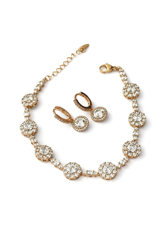 Apzeltīts komplekts ar cirkoniju puķēm - rokassprādze un auskari - 18k - apzeltita - rotas