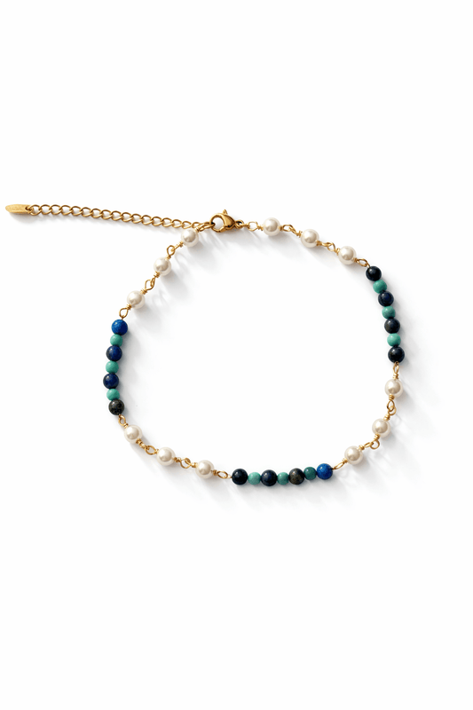 Kājas ķēdīte ar pērlītēm un krāsainiem akmentiņiem - 18k - apzeltita - rotas