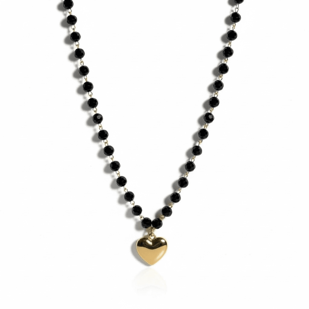 Kaklarota ar melniem kristāliem un sirds kulonu - 18k - apzeltita - rotas