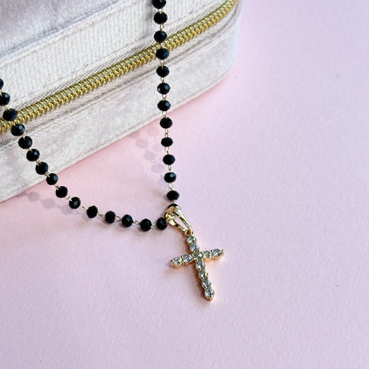 Midnight Grace - Cross Necklace Adjustable Necklace Black and Gold Necklace Black Bead Necklace