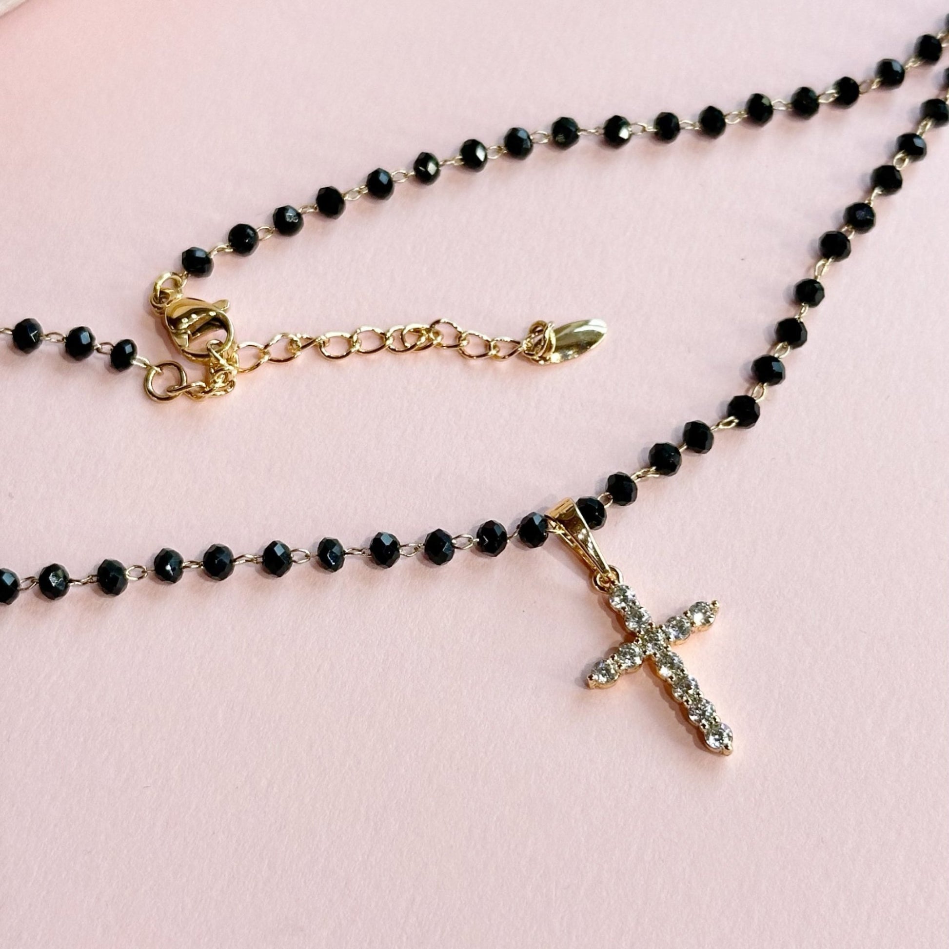 Midnight Grace - Cross Necklace Adjustable Necklace Black and Gold Necklace Black Bead Necklace