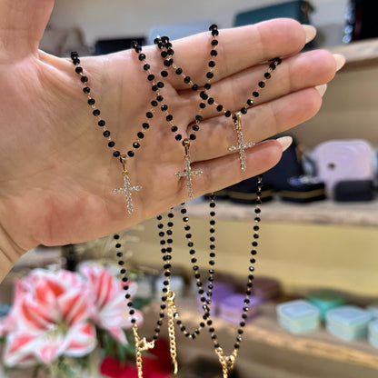 Midnight Grace - Cross Necklace Adjustable Necklace Black and Gold Necklace Black Bead Necklace